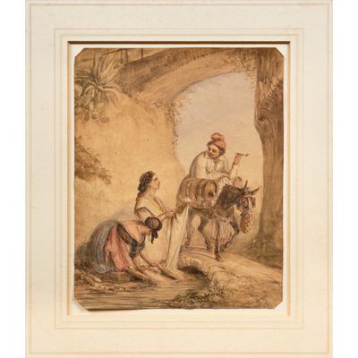 un tableau représentant un homme et une femme assis sur un cheval