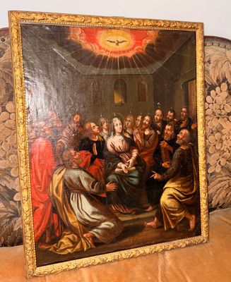 une photo d'un tableau représentant un groupe de personnes assises sur un canapé