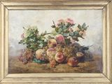 painting of a still life of fruit and flowers in a gold frame