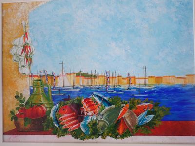 un tableau représentant une vue sur un port depuis une fenêtre