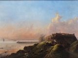 tableau représentant un château situé sur une colline surplombant un plan d'eau