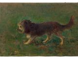 painting of a dog running in a field of grass