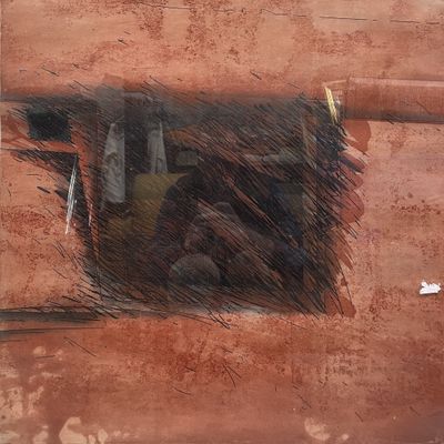 un tableau représentant un homme assis à la fenêtre d'un immeuble