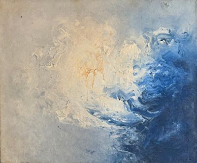 an oil painting of a blue and white wave in the ocean