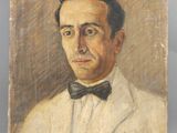 un vieux tableau représentant un homme en costume blanc et nœud papillon