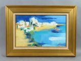 une peinture à l'huile d'une scène de plage avec des bateaux dans l'eau