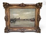 une vieille photo représentant un tableau de bateaux dans un port
