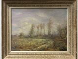 une peinture à l'huile représentant un champ avec des arbres au loin et un ciel en arrière-plan