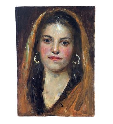 an oil painting of a woman with a veil on her head