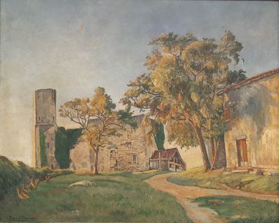 an oil painting of a farm scene with a path leading to a building