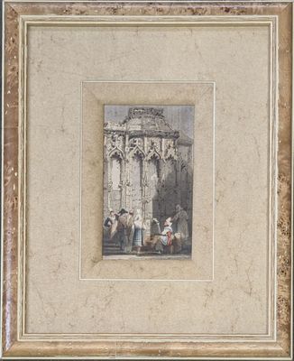 an image of a painting of a group of people outside a building