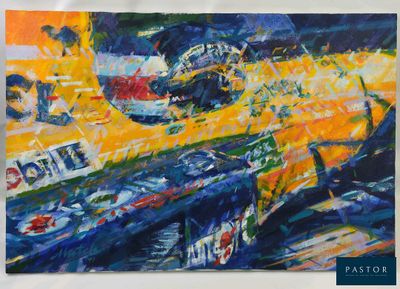 an oil painting of a yellow race car on display in a museum