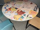 a round table with a lot of different pictures on it