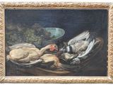 a painting of a still life with a bird and a bowl of fruit