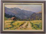 an oil painting of a mountain scene with a house in the foreground