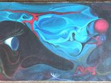 painting of a skull with a red nose and a blue body with a red nose
