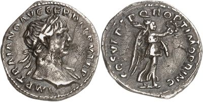 a silver coin with an image of a woman and a man on it