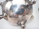 a silver tea pot that has a turtle on top of it