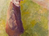 une peinture à l'huile représentant un homme, coiffé d'un chapeau et vêtu d'un manteau, debout dans un champ