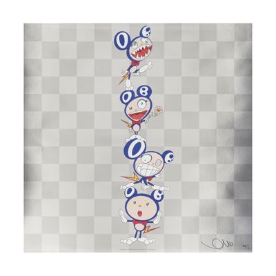 une peinture représentant un groupe de personnages de dessins animés sur un fond à carreaux