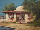 a painting of a small building near a body of water