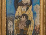 une peinture à l'huile représentant un homme et un enfant, dans un cadre doré