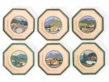 six assiettes ornées d'une image représentant un village sur un fond blanc