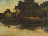 l'image d'une peinture représentant une rivière avec des arbres en arrière-plan