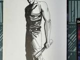 drawing of a man holding a baseball bat in front of a book