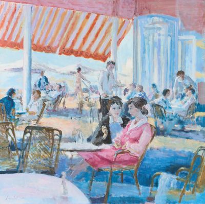 une peinture à l'huile représentant une femme assise à une table devant un groupe de personnes