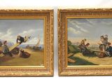 paire de peintures à l'huile du XIXe siècle représentant des hommes travaillant dans un champ