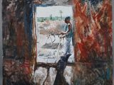 a painting of a man and a dog looking out of a window