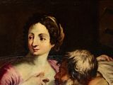 a painting of a woman and a dog sitting on a couch
