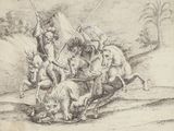 un dessin représentant un homme à cheval attaqué par un lion