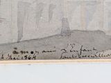 drawing of a building with a clock tower on top of a hill
