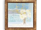 a painting of flowers in a vase on a window sill