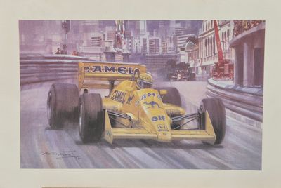 un tableau représentant une voiture de course jaune filant dans la rue