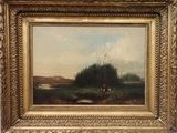une image représentant un tableau de paysage avec une rivière au premier plan et un oiseau volant au loin
