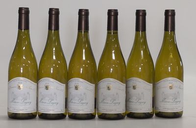 six bouteilles de vin blanc alignées sur une table