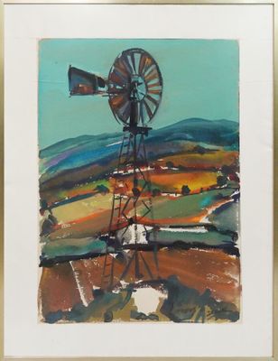 an oil painting of a windmill in a field with hills in the background