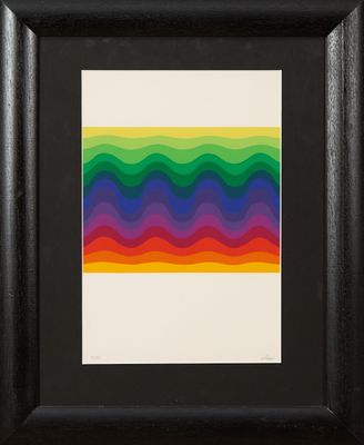 a painting of a rainbow colored wave pattern in a black frame