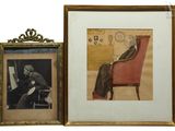 two framed pictures of a man sitting in a chair next to a painting