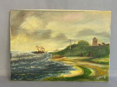 painting of a painting of a boat in the water near a lighthouse