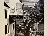 un dessin en noir et blanc représentant un homme à vélo