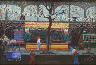 a painting of a street scene with people walking by
