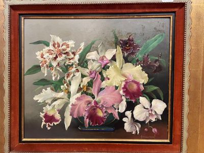 a painting of flowers in a vase on a table
