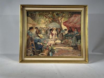 painting of a woman selling flowers in a market in a gold frame