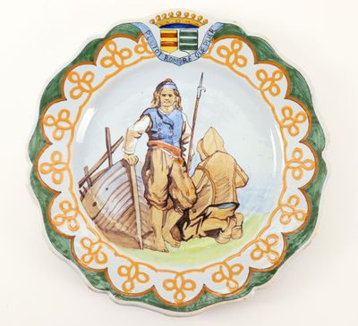a plate with a picture of a man on a boat on it