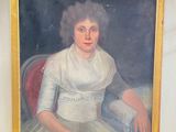 painting of a woman in a white dress sitting on a red chair