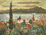 a watercolor painting of a view of a town by the water